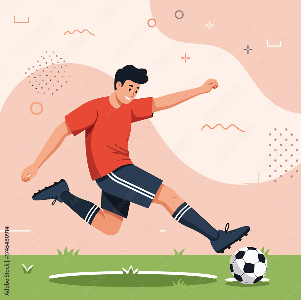 Fototapeta premium Energetic flat vector illustration of a male football player kicking a soccer ball with power and precision on a green field, a dynamic moment in professional sports
