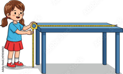 Cute little girl measuring blue table with tape measure, learning math and geometry concept, educational classroom activity illustration