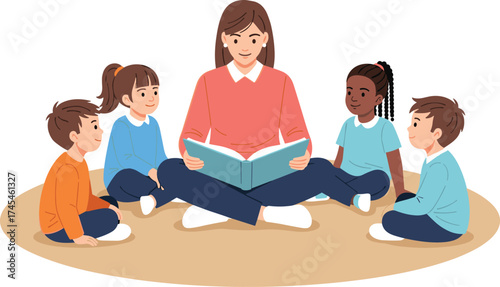 Teacher reading storybook to diverse children group, preschool classroom education, storytelling activity, happy kids learning together, cartoon illustration, vector art