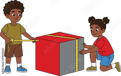 Two kids measuring a large red box with tape measure, learning math, teamwork, geometry, education concept, measurement activity illustration