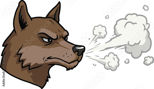 Angry wolf head blowing air from nose showing power aggression and wild strength in cartoon animal vector illustration design