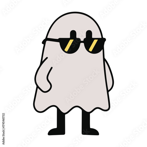 Illustration of a cartoon ghost wearing sunglasses and standing on two legs with black shoes