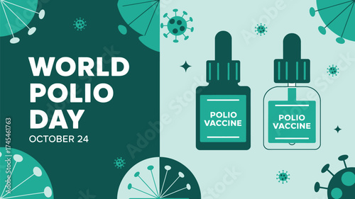 Vector art of world polio day graphic featuring vaccine vials and abstract virus elements, emphasizing prevention on october 24