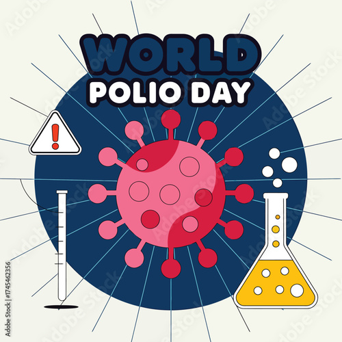 Vector art of world polio day illustration featuring a virus, laboratory flasks, and a warning sign, symbolizing the fight against poliomyelitis and medical research