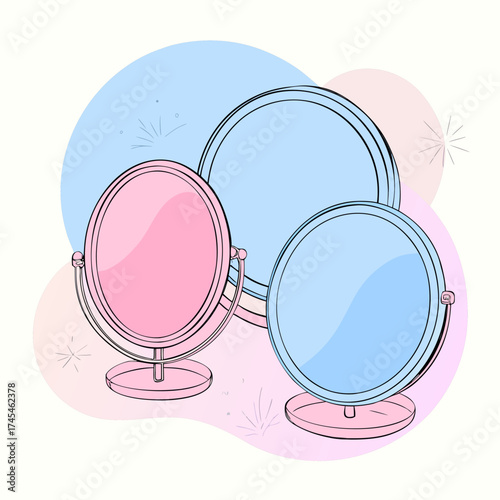 Set of vintage mirrors on yellow background, transparent glass showcase, mirror, window. Cartoon mirrors, vector. EPS version.