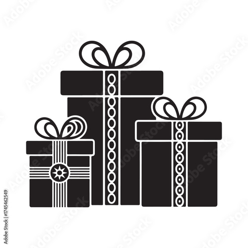 Three stacked gift boxes with ribbons and bows in a bold black silhouette style