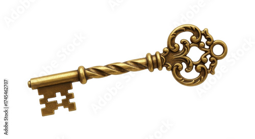 Ornate antique golden skeleton key isolated PNG with Transparent Background