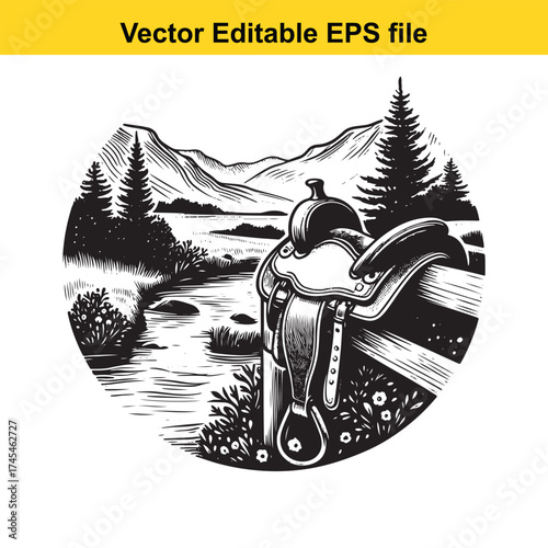 Vector art of western saddle on a fence overlooking a river and mountains