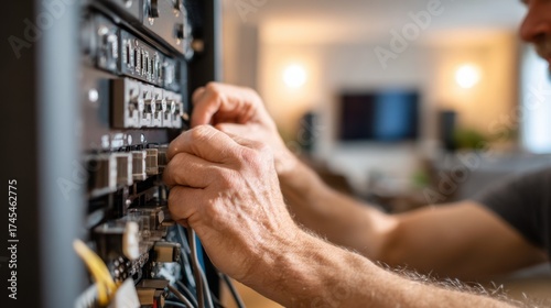 Medium shot of a technician securely installing a surge protector behind a home entertainment system with blurred living room details in the background.