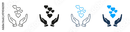 Hands Holding Hearts Line And Solid Icon Set. Love, Care, And Support Symbol Collection. Compassion And Charity Representation. Isolated Vector Illustration