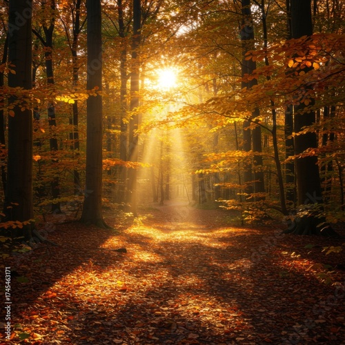 Sunlit Forest Path Through Trees with Autumn Leaves Landscape in Warm Orange and Brown Shades