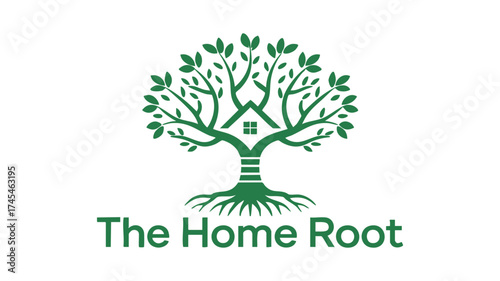 The home root logo design tree house roots growth stability and connection symbolism