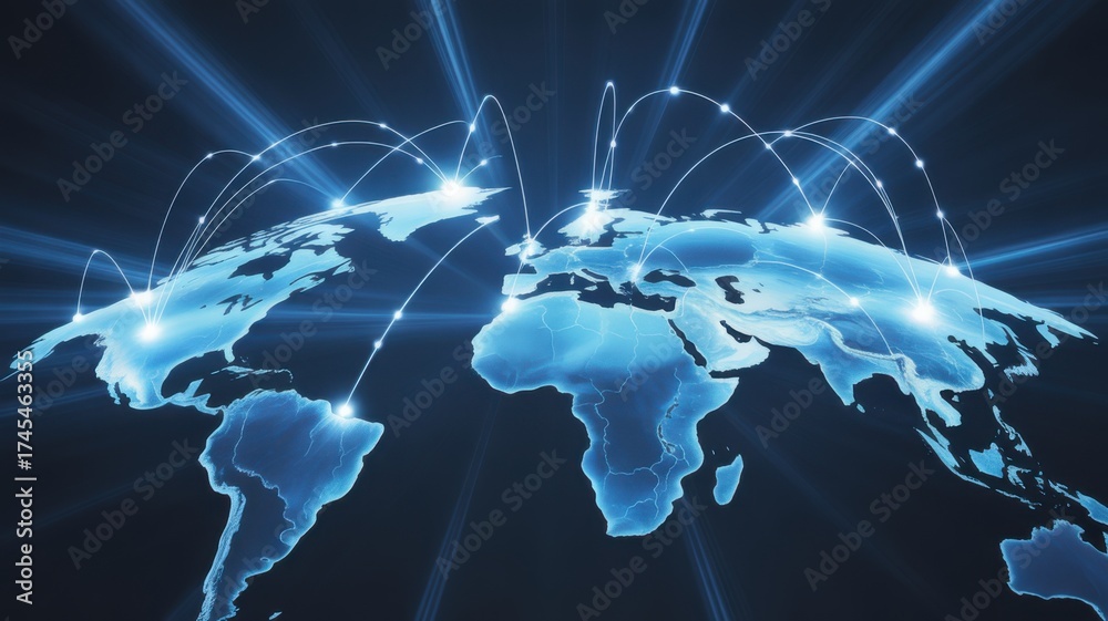 Obraz premium Global Connections: A digitally rendered visualization portrays the world map intricately overlaid with interconnected lines.