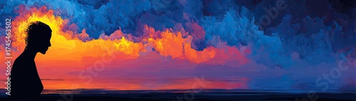 Visual effects of bullying with storm of hurtful words concept. Silhouette of a person against a vibrant sunset and cloudscape.