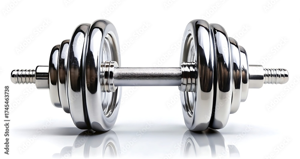 Naklejka premium Shiny chrome adjustable dumbbell with weight plates on a white background with reflection