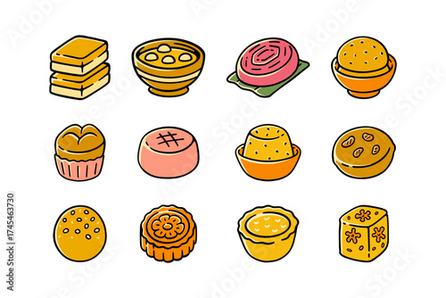 oriental pastry, chinese snack asian dessert, traditional sweets colorful doodle vector illustration element design set for restaurant menus, packaging, food packaging and merchandise