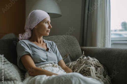 Young blonde woman suffering from cancer smiling while sitting on a sofa at home looking at window