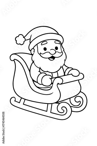 Cute cartoon Santa Claus in a sleigh. Christmas holiday coloring book page vector illustration

