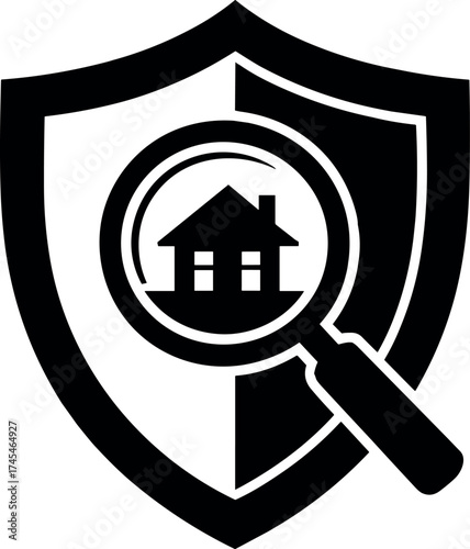 Black silhouette of a house under a magnifying glass and shield on white background home real estate