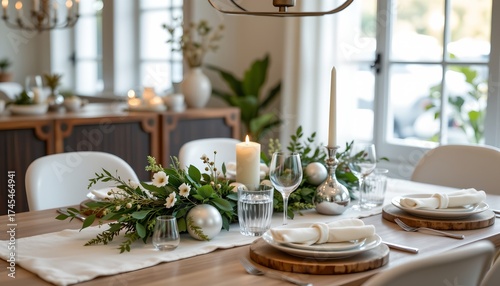 A tastefully decorated dining room, ready for holiday festivities. A large dining table is adorned with elegant tableware, including plates, wine glasses, and various floral arrangements in vases