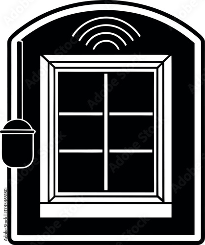Black and white line art icon of a wireless window alarm sensor on a white background security