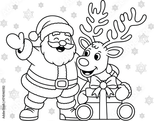 Cute Santa Claus and reindeer cartoon coloring page with Christmas gift and snowflakes, festive holiday vector illustration for kids
