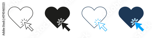 Heart With Cursor Click Line And Solid Icon Set. Online Interaction, Digital Engagement, And Social Media Like Symbol Collection. User Experience And Connectivity. Isolated Vector Illustration
