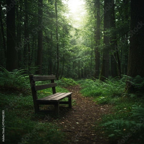 Wooden Bench Sits Beside Forest Path Surrounded By Green Trees Under Sunlight