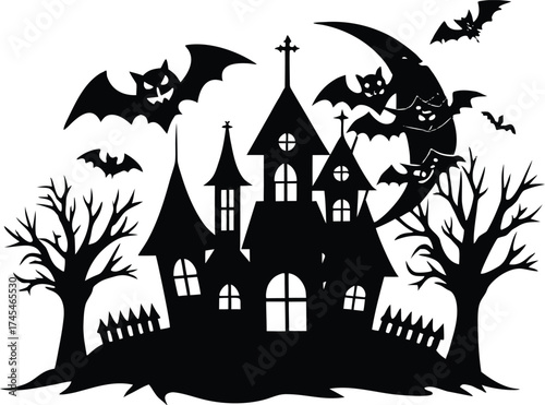Halloween halloween silhouette illustration featuring a spooky haunted castle, bats flying in the night, and a crescent moon, creating a chilling and eerie scene