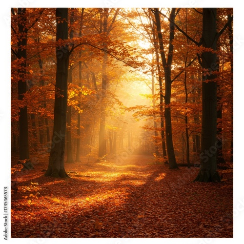 Sunlit Autumn Forest Scene with Orange Leaves and Bare Trees in Morning Light