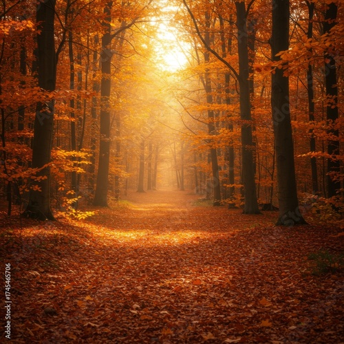 Golden Autumnal Forest Path with Sunlight Streaming Through Trees and Fallen Leaves