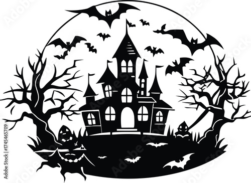 Halloween silhouette of a spooky haunted house with bats flying around it, surrounded by gnarled trees, creating a chilling halloween scene