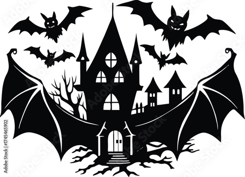 Halloween silhouette of a creepy haunted house with bats flying around, framed by large bat wings, creating a spooky halloween scene