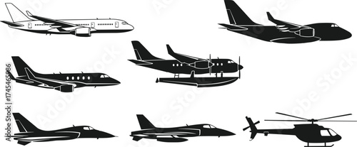 Black and white aircraft vector illustration, passenger airplane, cargo plane, private jet, seaplane, fighter jet, helicopter, aviation silhouette clipart