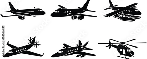 Black and white aircraft vector illustration, passenger jet, business jet, seaplane, propeller airplane, helicopter, commercial plane, aviation silhouette clipart
