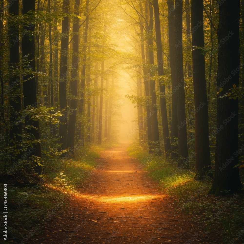 Fototapeta premium Sunlit Path Through Autumn Forest with Tall Trees and Dense Foliage in Golden Light