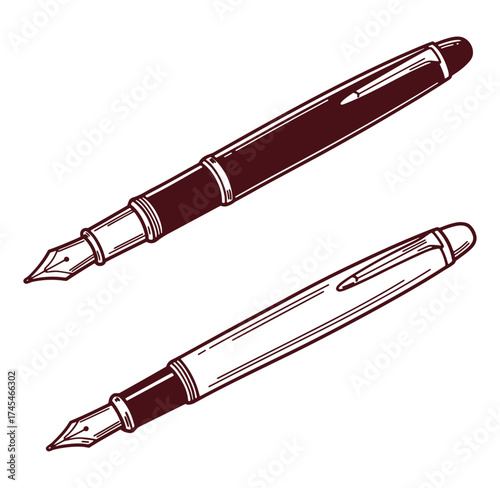 Two vintage fountain pens in retro style isolated on white background illustration