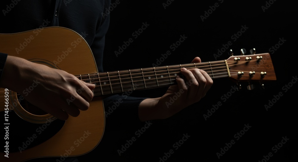 Fototapeta premium Person plays an acoustic guitar with a dark background.
