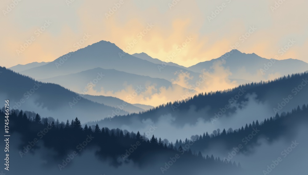 Fototapeta premium Misty mountain ranges fade into the horizon serene wilderness landscape photography early morning light tranquil environment