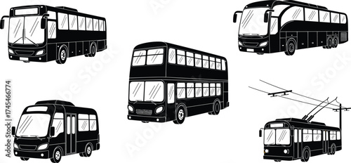 Black and white bus vector illustration, city bus, coach bus, double decker, minibus, trolleybus, public transport vehicle, silhouette clipart