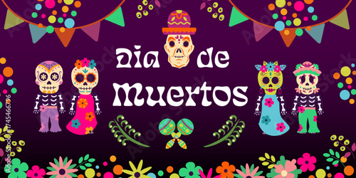 Vibrant Dia de Muertos , Day of the Dead POSTER with sugar skulls, skeletons, and festive decorations on a dark background. Perfect for Mexican holiday, celebration design, and cultural posters