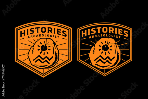 Ancient artifact with sun and mountain sketch, petroglyph retro badge logo design set for archaeology, adventure. Prehistoric carving stone vintage emblem patch logo graphic pack. Vector illustration