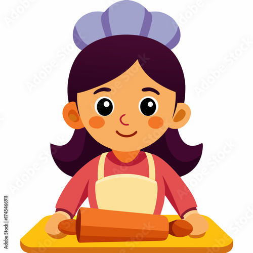 Cartoon chef woman rolling out dough on a wooden board