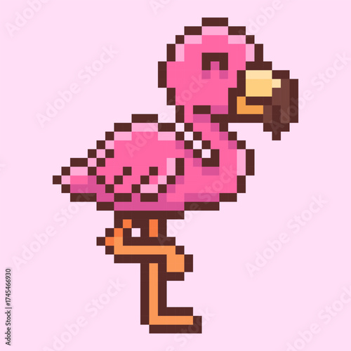 Vibrant pink flamingo designed in a classic retro pixel art style. This 8-bit illustration of the elegant tropical bird is a perfect symbol for summer, vacation, and exotic wildlife