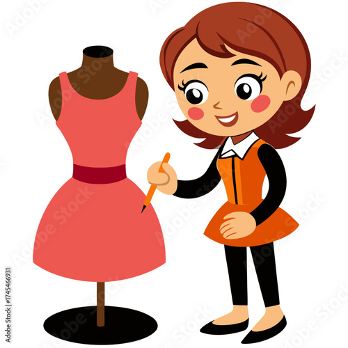 Cartoon Fashion Designer sketching a pink dress on a mannequin