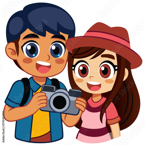 Cartoon couple with camera smiling and ready for travel