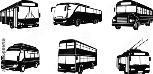 Black and white bus vector illustration, city bus, coach bus, school bus, minibus, double decker, trolleybus, public transport silhouette clipart