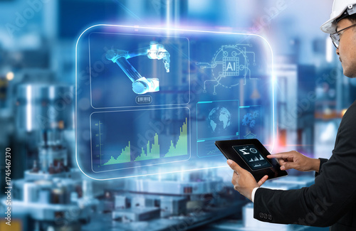 Smart technology industry control concept. Hands holding tablet on blurred automation machine as background