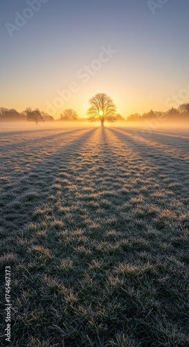Lone Tree Silhouetted Against the Rising Sun in a Frosty Field at Dawn
