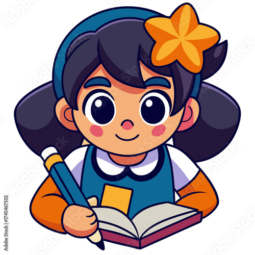 Cartoon Girl Writing in Book with Pencil and Smiling
